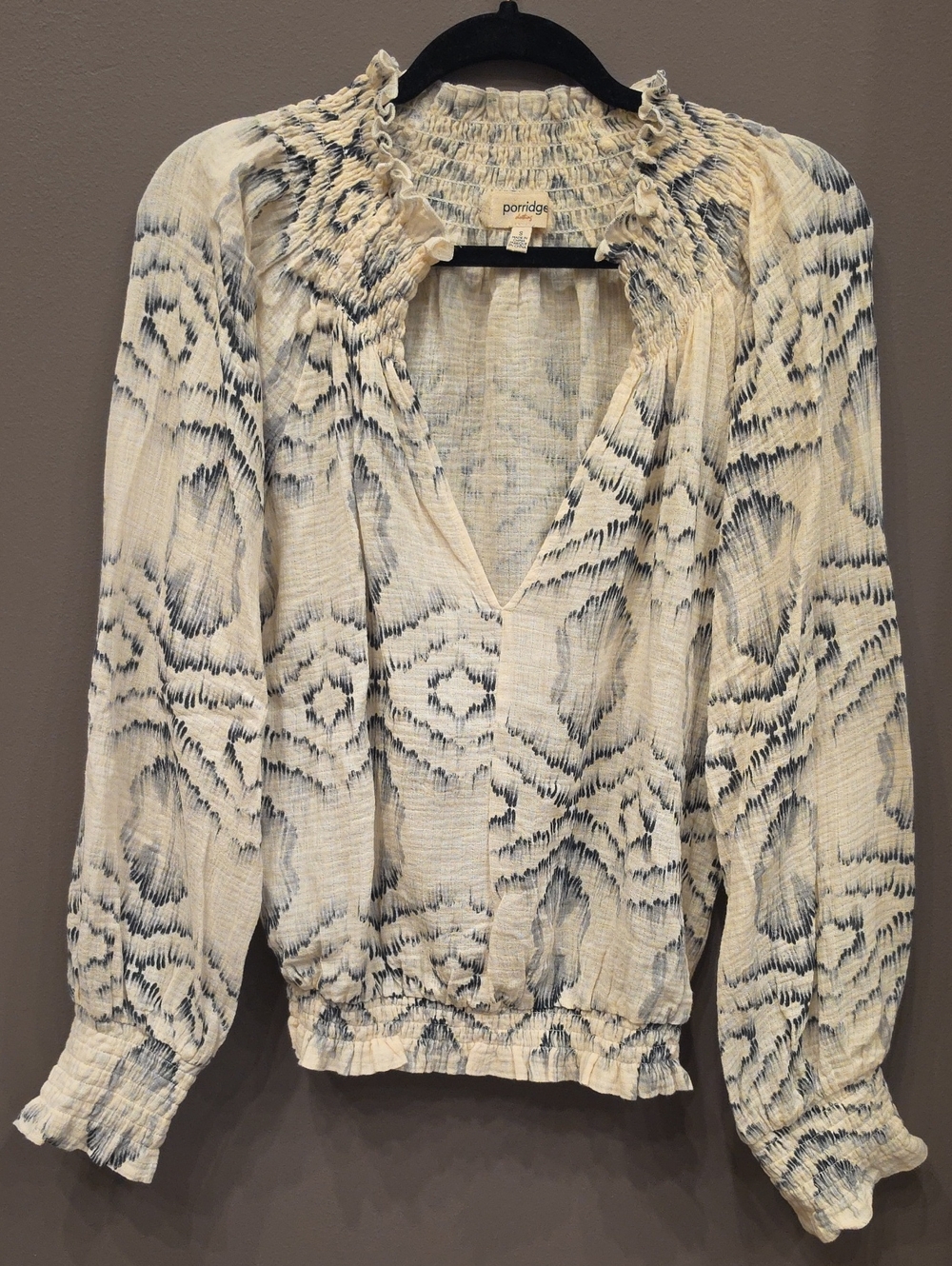 Women's Cream and Black Grey Smocked Neck Cotton Anthropologie Blouse Small